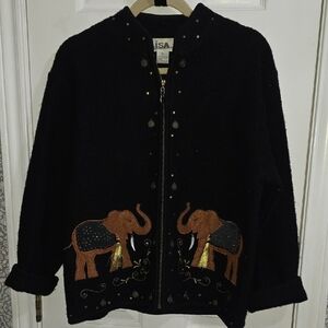 Lisa International 100% Boiled Wool Black Zip Up Elephant Africa India Jacket​